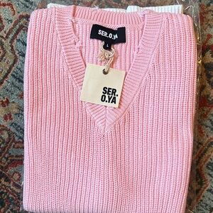 NWT SER.O.YA Baby Pink/White V-Neck Rib Knit Sweater